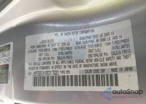 2011 Mazda Cx-9 Touring from USA, damaged, VIN JM3TB2CA1B0317920